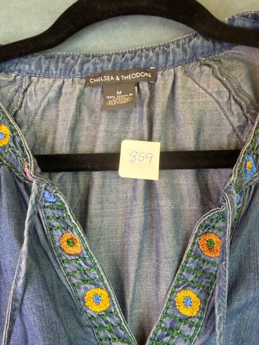 Embroidered Denim Peasant Blouse by Chelsea & Theodore - Picture 3 of 8